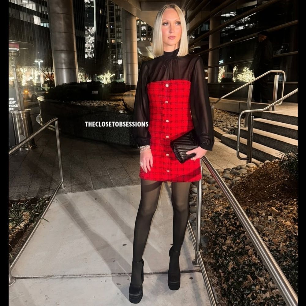 NWT ZARA Bloggers Fav COMBINATION STRUCTURED DRESS Mini Red black tweed Jewel - Picture 15 of 17